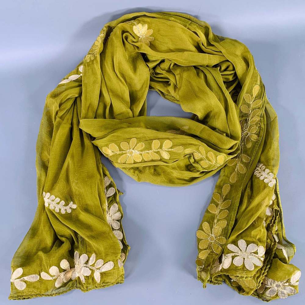 Vintage Olive Green Embroidered Floral Scarf